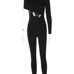 Black Asymmetrical Zip-Up Bodycon Jumpsuit for Women - K-POP Streetwear Fashion