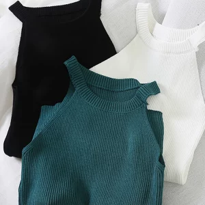 Black Knitted Halter Crop Top | Women's O-Neck Streetwear Fashion