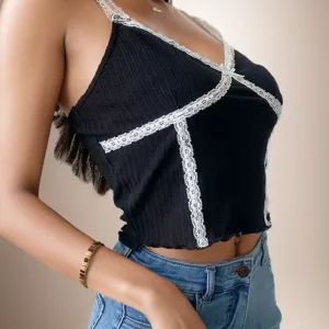 Black Lace-Up Crop Top: Y2K Knit V-Neck Cami for Women - Streetwear Fashion