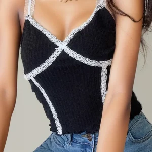 Black Lace-Up Crop Top: Y2K Knit V-Neck Cami for Women - Streetwear Fashion