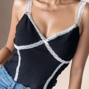 Black Lace-Up Crop Top: Y2K Knit V-Neck Cami for Women - Streetwear Fashion