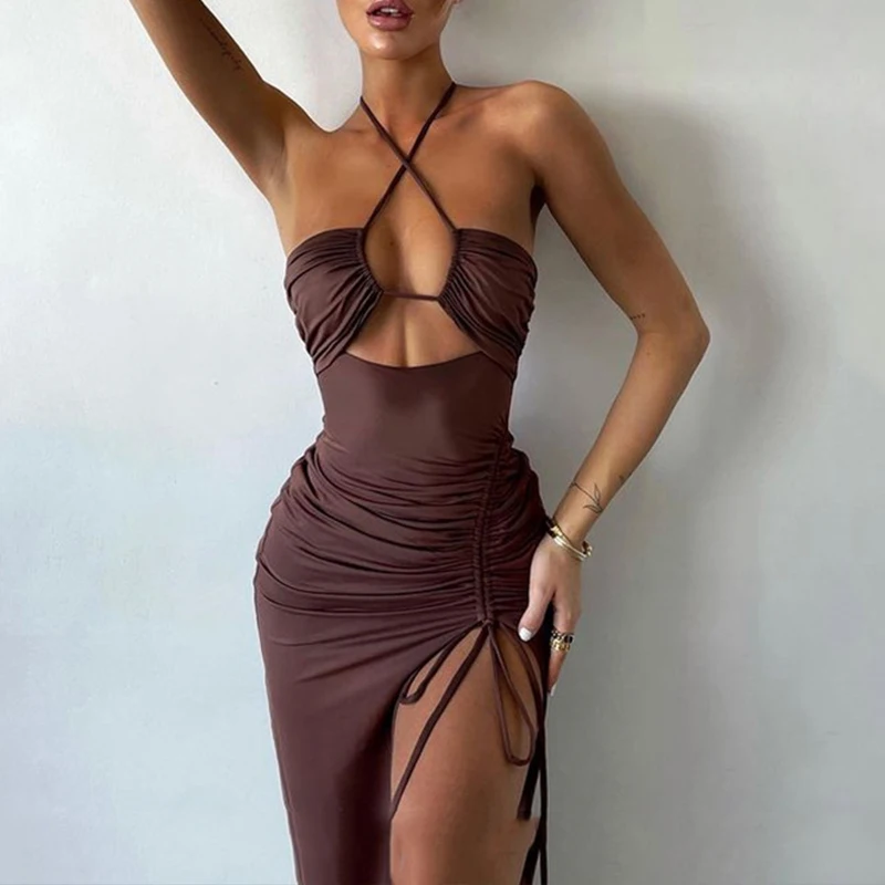 Black Lace-Up Halter Bodycon Dress | Sexy Sleeveless Party Fashion