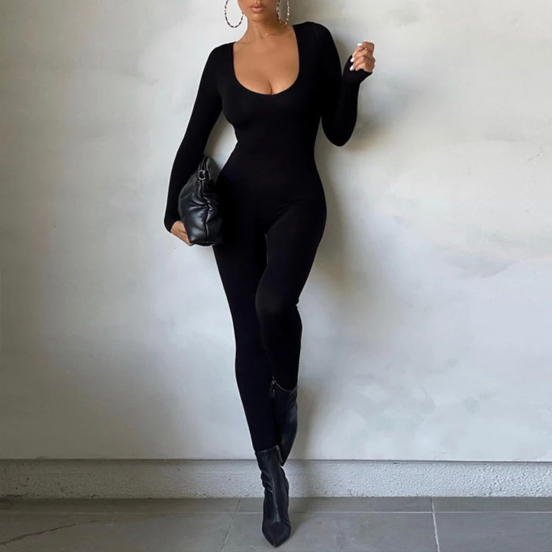 Black Long Sleeve Bodycon Jumpsuit: Autumn-Winter Fashion for Women