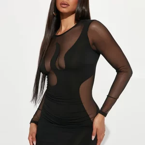 Black Mesh Patchwork Long Sleeve Bodycon Mini Dress | Y2K Fashion