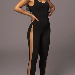 Black Mesh Patchwork Sleeveless Jumpsuit: Gen Z & Y2K Style