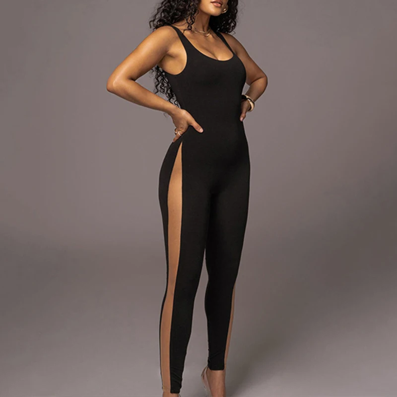 Black Mesh Patchwork Sleeveless Jumpsuit: Gen Z & Y2K Style