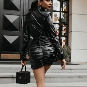 Black Pu Leather Draped Bodycon Mini Dress for Women - Elegant & Sexy Streetwear Fashion