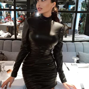 Black Pu Leather Draped Bodycon Mini Dress for Women - Elegant & Sexy Streetwear Fashion