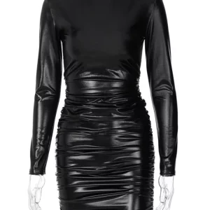 Black Pu Leather Draped Bodycon Mini Dress for Women - Elegant & Sexy Streetwear Fashion