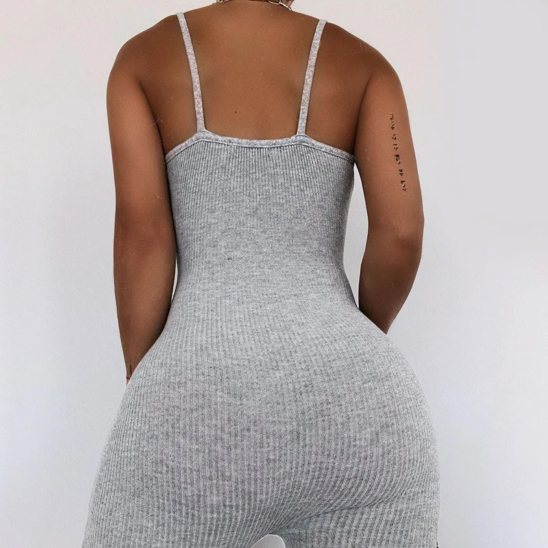 Black Ribbed Knit Summer Romper | Backless Bodycon Jumpsuit for Women