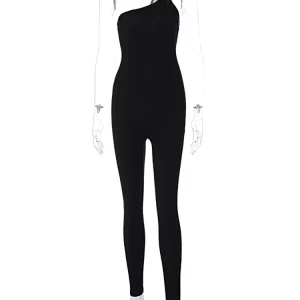 Black Ribbed One Shoulder Jumpsuit: Women's Sexy Streetwear for Fall/Winter