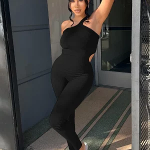 Black Ribbed One Shoulder Jumpsuit: Women's Sexy Streetwear for Fall/Winter