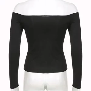 Black Solid Slash Neck Long Sleeve Top | Korean Fashion Streetwear for Gen Z & Y2K Style