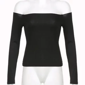 Black Solid Slash Neck Long Sleeve Top | Korean Fashion Streetwear for Gen Z & Y2K Style