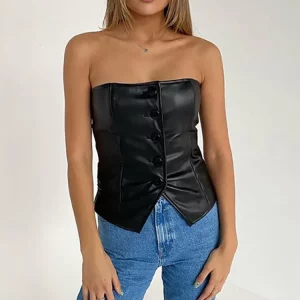 Black Strapless Button-Up Crop Top: Gen Z & Y2K K-POP Streetwear