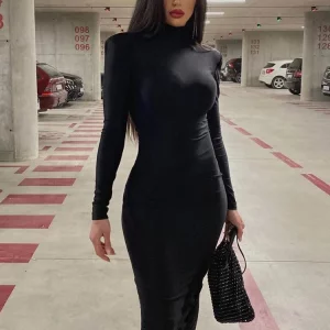 Black Turtleneck Bodycon Maxi Dress: Gen Z & Y2K Streetwear Style