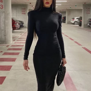 Black Turtleneck Bodycon Maxi Dress: Gen Z & Y2K Streetwear Style