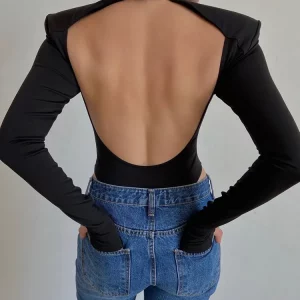 Black Turtleneck Shoulder Pads Backless Bodycon Bodysuit - Y2K Streetwear Fashion