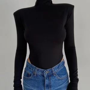 Black Turtleneck Shoulder Pads Backless Bodycon Bodysuit - Y2K Streetwear Fashion