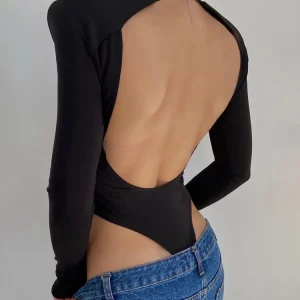 Black Turtleneck Shoulder Pads Backless Bodycon Bodysuit - Y2K Streetwear Fashion