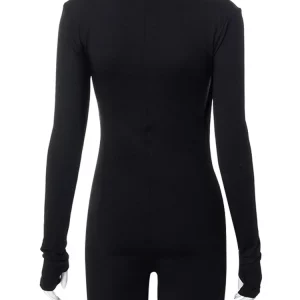 Black Turtleneck Zip-Up Bodycon Playsuit | Hollow Out Long Sleeves | Women's Streetwear Fashion