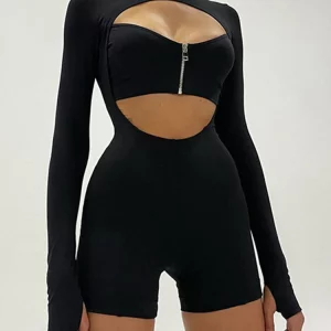 Black Turtleneck Zip-Up Bodycon Playsuit | Hollow Out Long Sleeves | Women's Streetwear Fashion