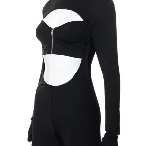 Black Turtleneck Zip-Up Bodycon Playsuit | Hollow Out Long Sleeves | Women's Streetwear Fashion