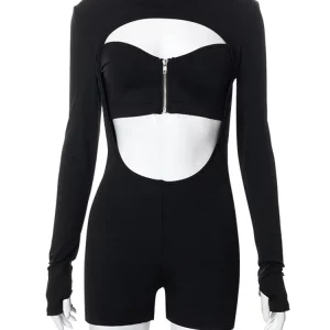 Black Turtleneck Zip-Up Bodycon Playsuit | Hollow Out Long Sleeves | Women's Streetwear Fashion