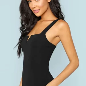 Black V-Cut Bodycon Sleeveless Bodysuit | Women's K-POP Korean Streetwear Fashion