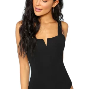 Black V-Cut Bodycon Sleeveless Bodysuit | Women's K-POP Korean Streetwear Fashion