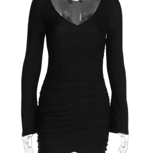 Black V Neck Flare Sleeve Ruched Bodycon Mini Dress for Women - Elegant & Sexy K-POP Fashion for Evening Party