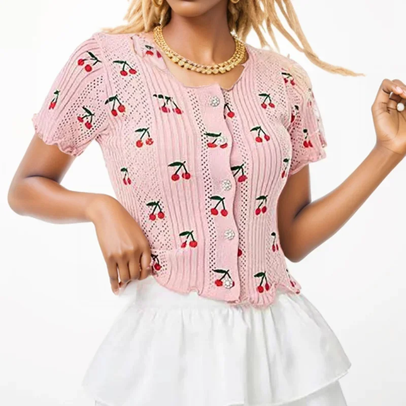 Cherry Print Ruffled Knit Tee: Women's K-POP Streetwear Fashion