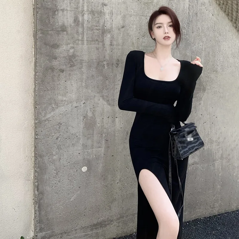 Chic High-Slit Black Dress | Sexy O-Neck Long Sleeve | Gen Z Y2K Fashion | K-POP Korean Streetwear