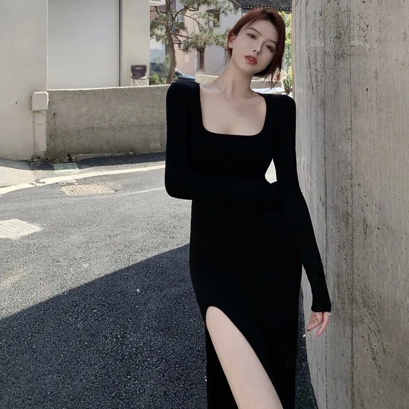 Chic High-Slit Black Dress | Sexy O-Neck Long Sleeve | Gen Z Y2K Fashion | K-POP Korean Streetwear