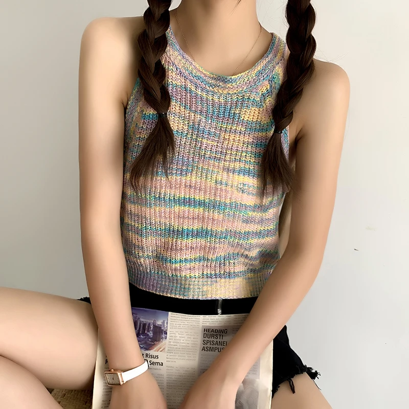 Colorful Knitted Crop Top | Sleeveless O-Neck Tank for Gen Z Fashion | K-POP & Korean Streetwear Style