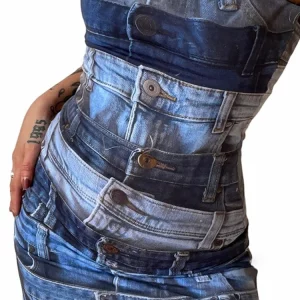 Denim Print Tube Mini Dress: Y2K Streetwear Club Fashion