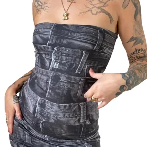 Denim Print Tube Mini Dress: Y2K Streetwear Club Fashion