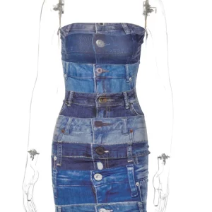 Denim Print Tube Mini Dress: Y2K Streetwear Club Fashion