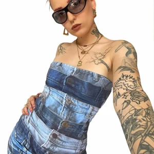 Denim Print Tube Mini Dress: Y2K Streetwear Club Fashion