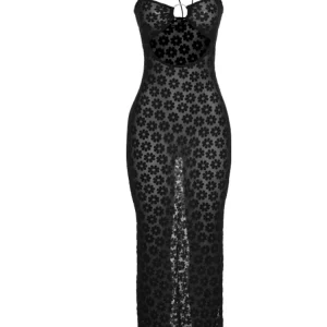 Double Layer Maxi Dress: Sexy Lace-Up Mesh Hollow Flower Bodycon