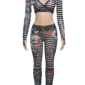 Dragon Print 2-Piece Set: Sexy See-Through Midnight Knot Crop Top & Leggings for Gen Z & Y2K Fashion