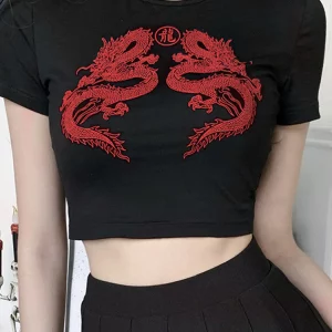 Dragon Print Short Sleeve Crop Top: K-POP Korean Streetwear