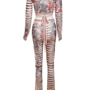 Dragon Stripes 2-Piece Set: Sheer Bandage Crop Top & Flare Pants - Streetwear Fashion