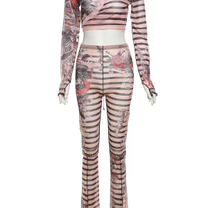 Dragon Stripes 2-Piece Set: Sheer Bandage Crop Top & Flare Pants - Streetwear Fashion