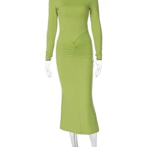 Elegant Turtleneck Bodycon Maxi Dress with Shoulder Pads - Winter Women's Fashion