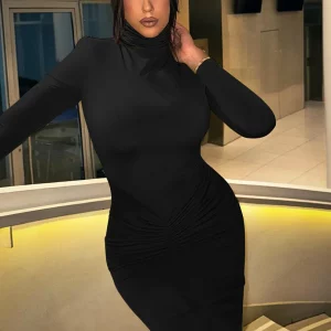 Elegant Turtleneck Bodycon Maxi Dress with Shoulder Pads - Winter Women's Fashion