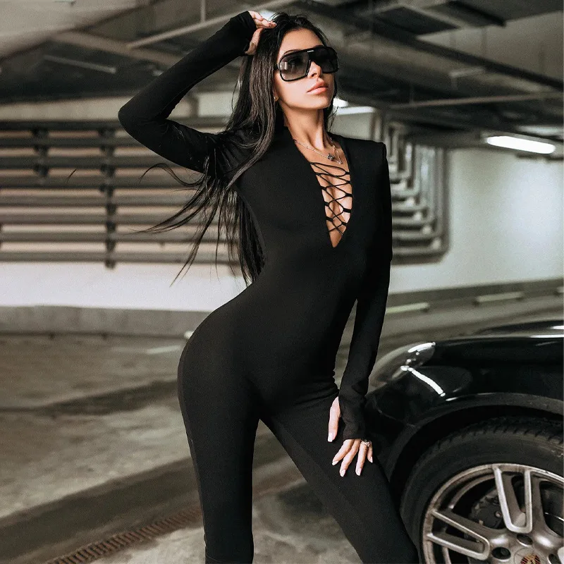 Elegant V-Neck Long Sleeve Bodycon Jumpsuit | Women's Autumn-Winter Fashion | Y2K Clubwear & Sportswear