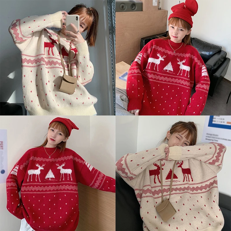 Elk Print Christmas Sweater | K-POP Korean Streetwear for Women