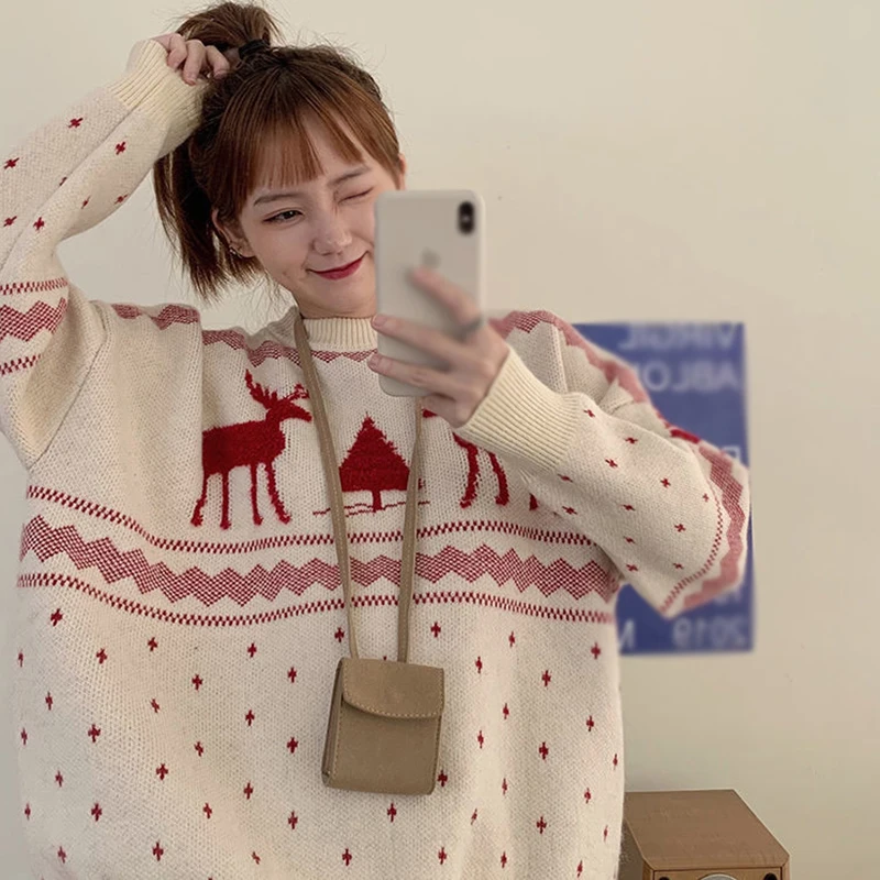 Elk Print Christmas Sweater | K-POP Korean Streetwear for Women