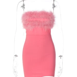 Feathered Pink Strapless Backless Mini Dress | Sexy & Elegant Spring Fashion for Women | Y2K Party Outfit